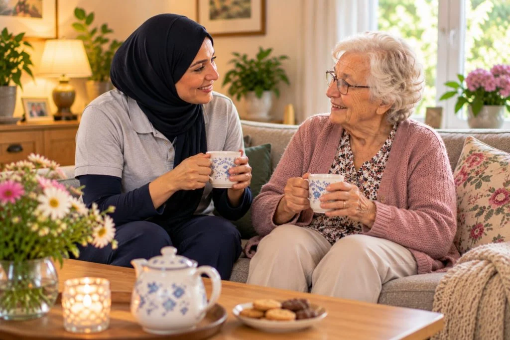 Medarbejder og ældre kvinde sidder i sofaen og drikker kaffe sammen